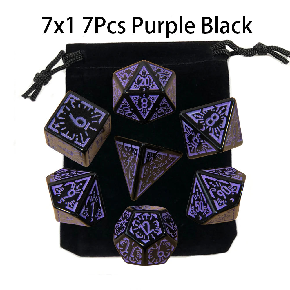 A set of seven polyhedral dice in purple and black colors packaged in a black pouch.