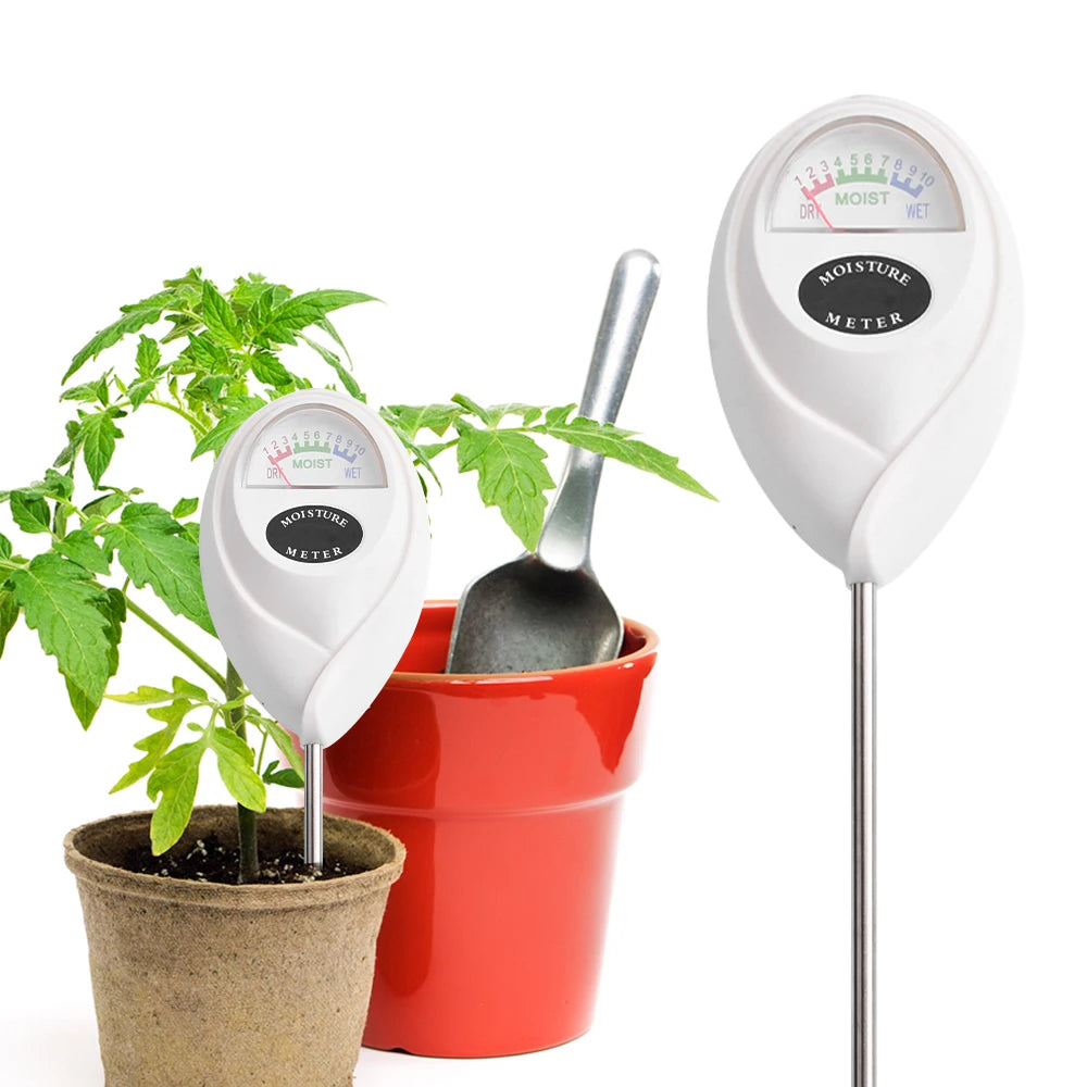 A white soil moisture meter with a metal probe is shown next to a potted plant.