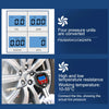 Digital tire pressure gauge showing PSI/BAR/KG/CM/KPA conversions and temperature resistance features.