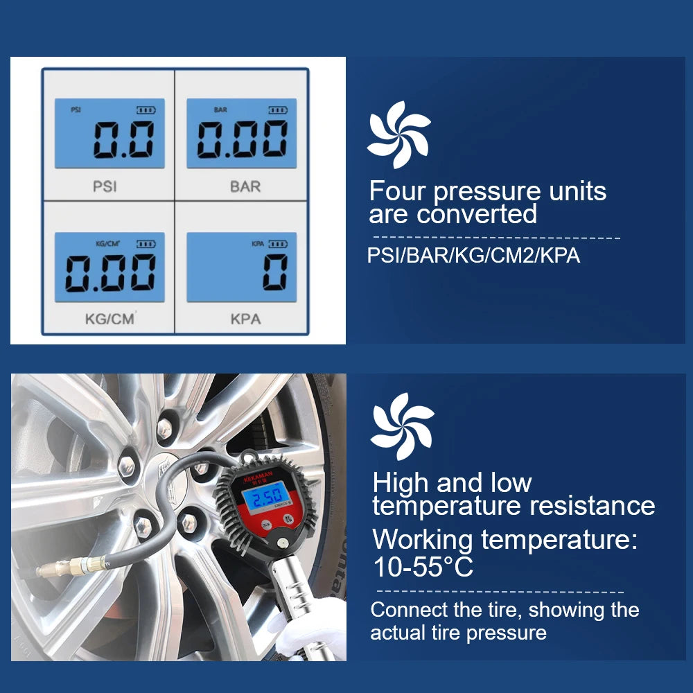 Digital tire pressure gauge showing PSI/BAR/KG/CM/KPA conversions and temperature resistance features.