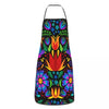 A colorful Mexican floral art apron with a black background featuring vibrant flowers and leaves.