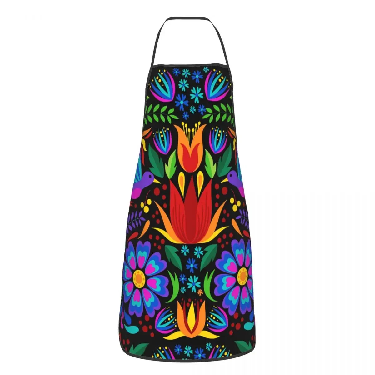 A colorful Mexican floral art apron with a black background featuring vibrant flowers and leaves.