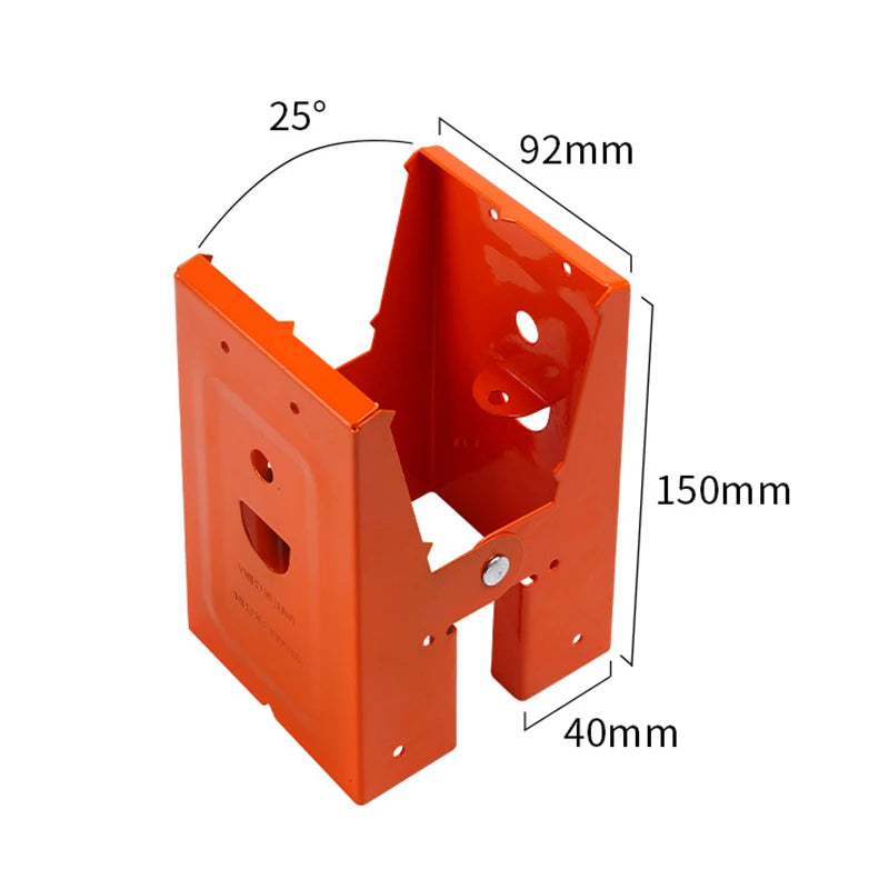 Orange heavy-duty steel workbench brackets shown at a 25 degree angle with dimensions including 92mm and 150mm.