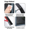 Instructions showing how to use a weatherproof sliding window seal strip for cleaning, measuring, tearing off adhesive, and i