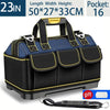 A dark blue and black heavy-duty tool organizer bag with multiple pockets and a carrying strap.