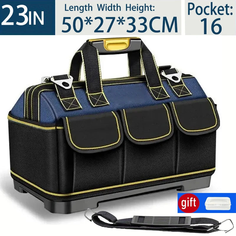 A dark blue and black heavy-duty tool organizer bag with multiple pockets and a carrying strap.