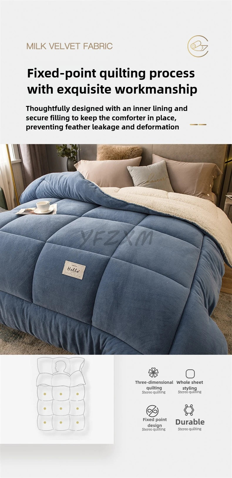 A blue velvet quilt blanket with a fixed-point quilting process shown next to its components.