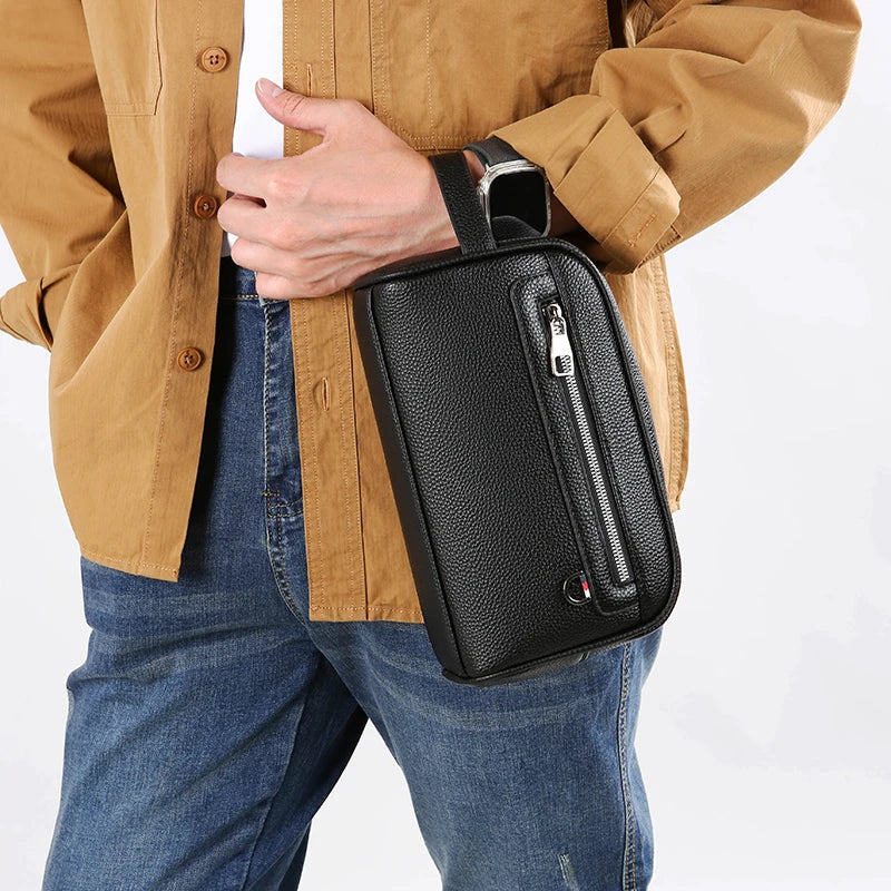 Men's Soft Leather Business Clutch Bag – Minimalist Travel Handbag with Zipper Closure