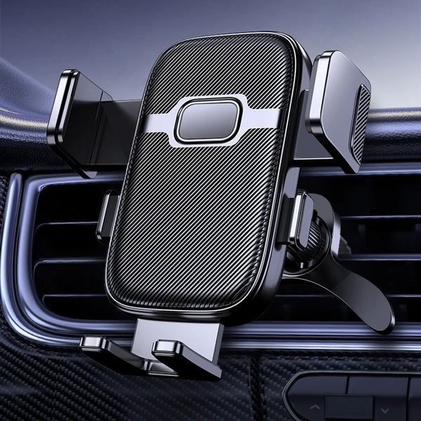Schwarze universelle Handyhalterung mit Autolock-Griff, montiert in einem Autoschaltfilter.