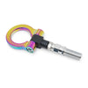 A universal racing tow hook with a colorful, anodized finish and a threaded metal attachment.