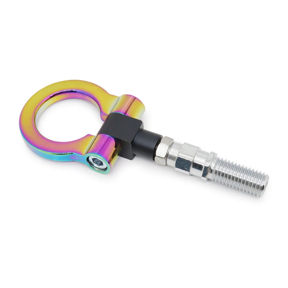 A universal racing tow hook with a colorful, anodized finish and a threaded metal attachment.