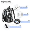 A black and white musical icon tribute backpack showing features like a front zipper pocket, side pocket, internal compartmen