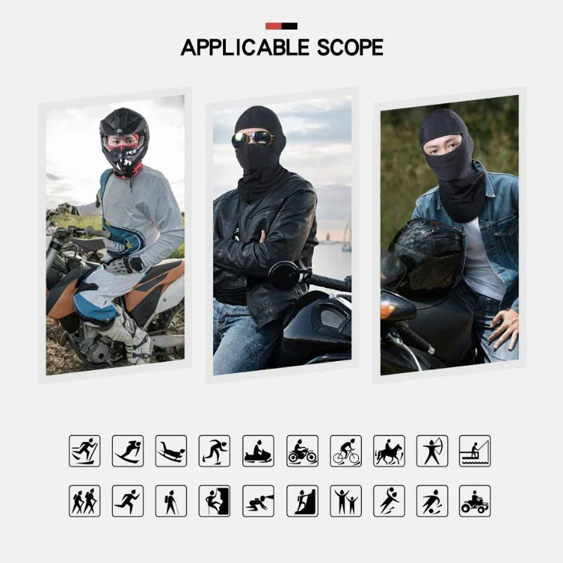 A set of icons showing various activities suitable for the windproof full face balaclava for motorcycle, ski, and outdoor use