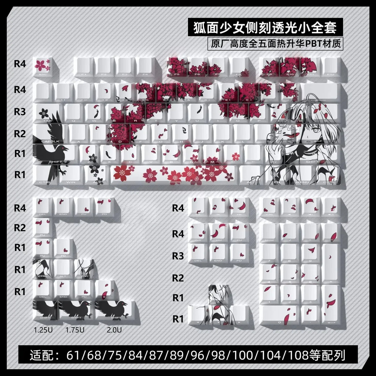 Gros plan sur les keycaps Raven Sakura rouges et blancs pour clavier mécanique.