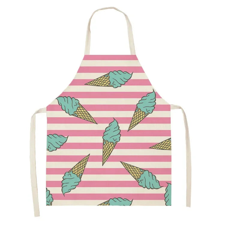 A pink and white striped linen apron featuring a pattern of mint green ice cream cones.