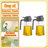 Two grey plastic oil spray bottles with yellow liquid are shown, demonstrating dual-purpose pouring and spraying.