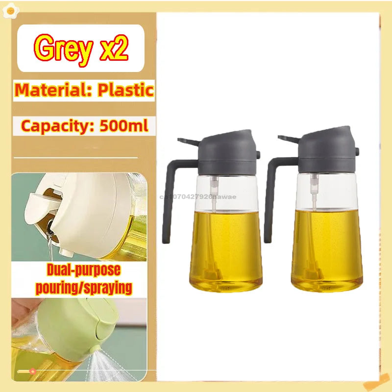 Two grey plastic oil spray bottles with yellow liquid are shown, demonstrating dual-purpose pouring and spraying.