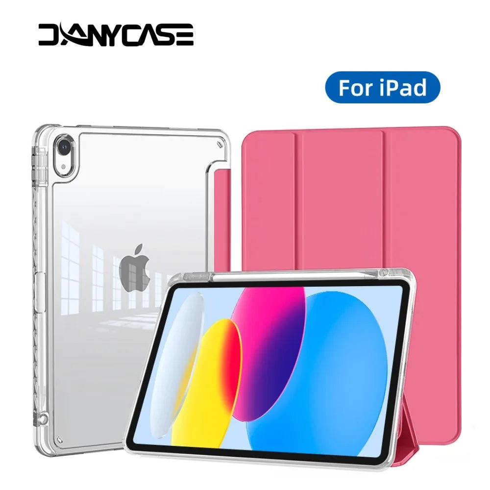 A clear slim trifold iPad case with a pink cover and acrylic back is shown.