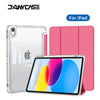 A clear slim trifold iPad case with a pink cover and acrylic back shown in various angles.