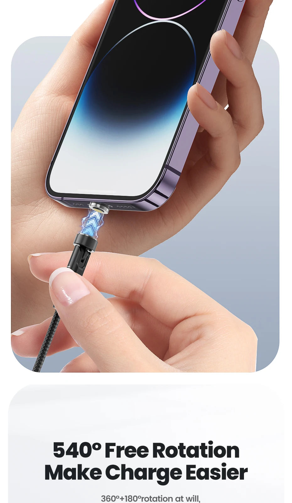 A hand is connecting a magnetic fast charging cable to an iPhone, demonstrating easy device charging.