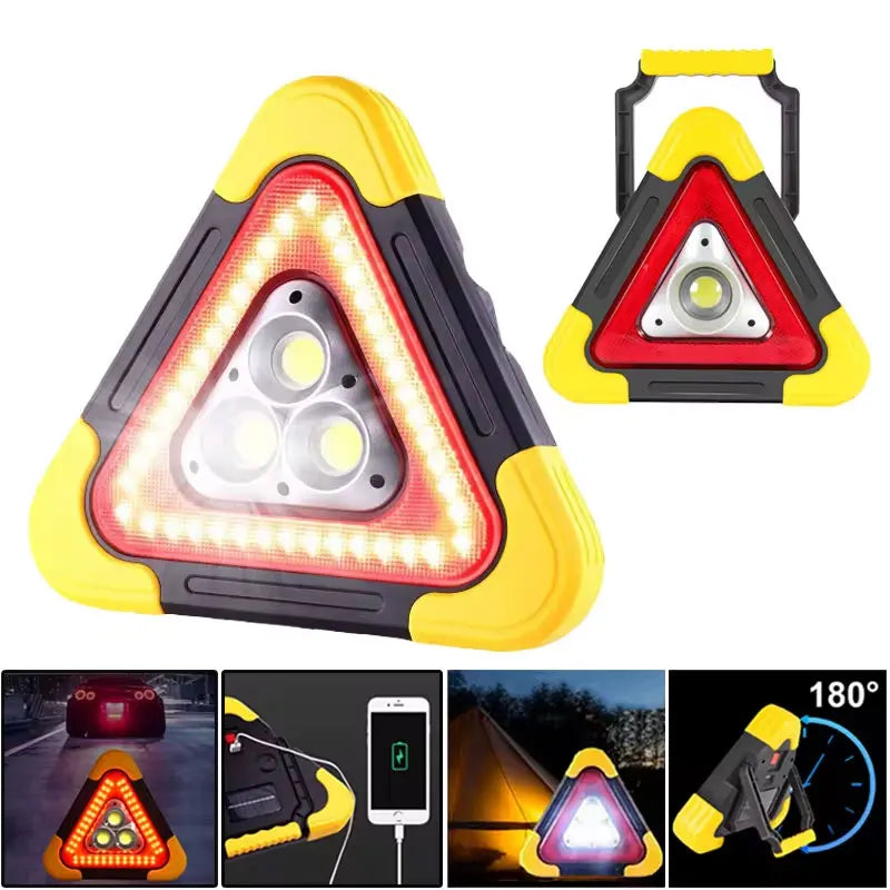 A yellow and black triangular emergency warning light with a built-in flashlight shown in various angles.