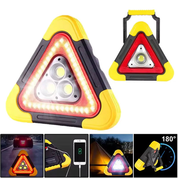 A yellow and black triangular emergency warning light with a built-in flashlight shown in various angles.
