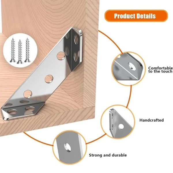 Stainless steel corner brackets used for furniture reinforcement, showing details and durability.