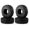 A pair of black mud terrain rubber tires for RC crawlers, shown in a stacked arrangement.