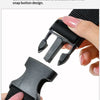 A hand demonstrates the convenient snap button design of a black adjustable travel luggage strap and belt.