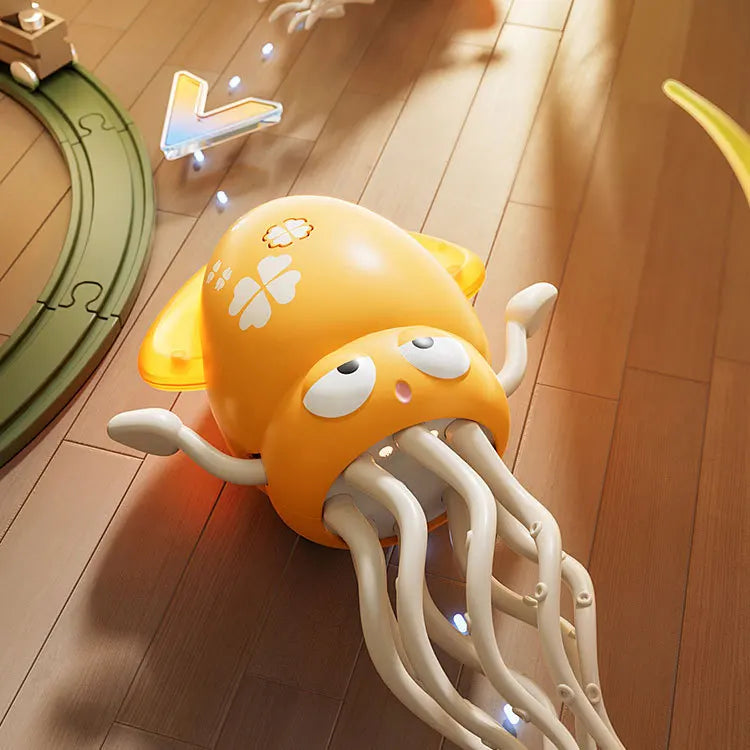 An orange interactive dancing octopus toy with light features is shown on a wooden floor.