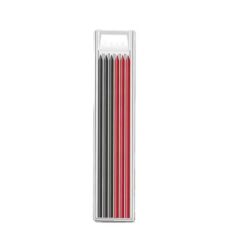 A clear plastic container holding a set of black and red precision mechanical pencils.