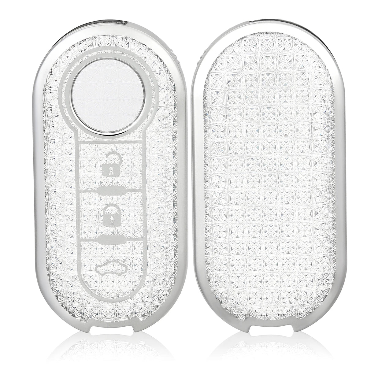 A pair of silver luxury leather key cases for Fiat and Citroen models, showing the inside mechanism.