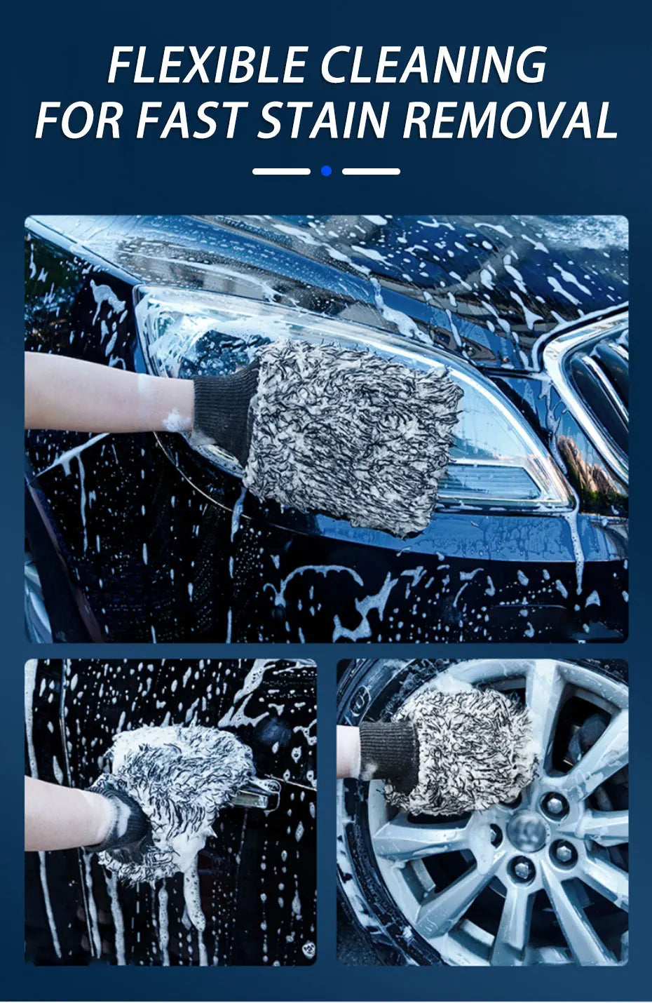 A hand using an ultra-soft microfiber wheel cleaning brush and glove to remove stains from a car's surface.
