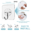 A set of five clear heavy duty adhesive hooks for bathroom and kitchen use with instructions for installation.