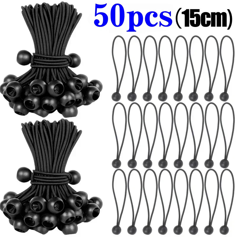 50 pieces of black heavy duty bungee cords with elastic ball ends, 15 cm long.