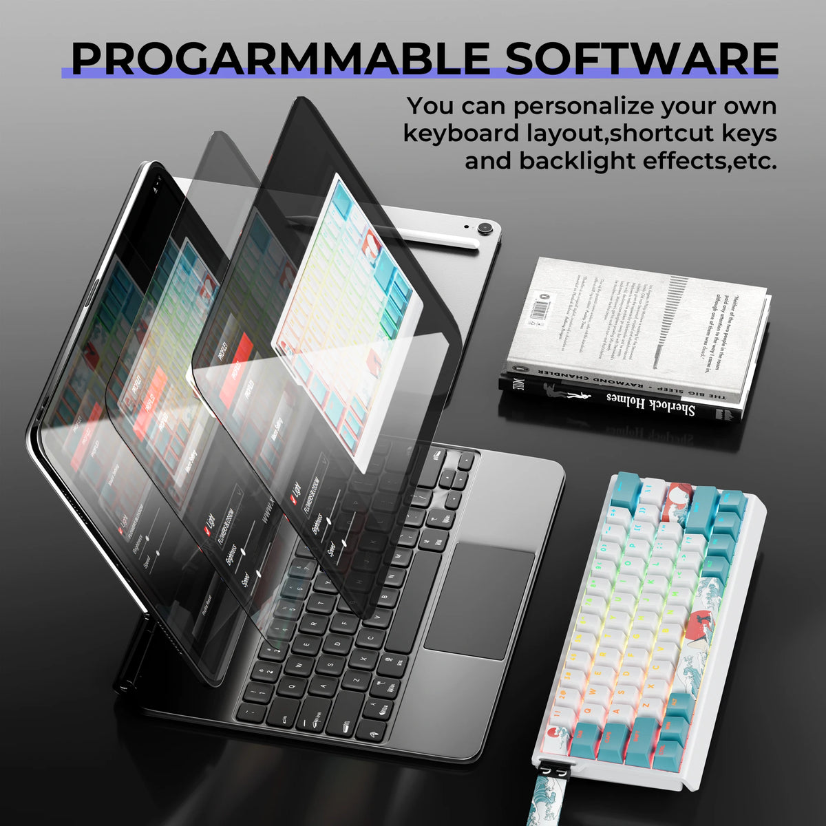 A compact aluminum mechanical keyboard with custom art keycaps and a transparent keyboard cover displayed on a dark surface.