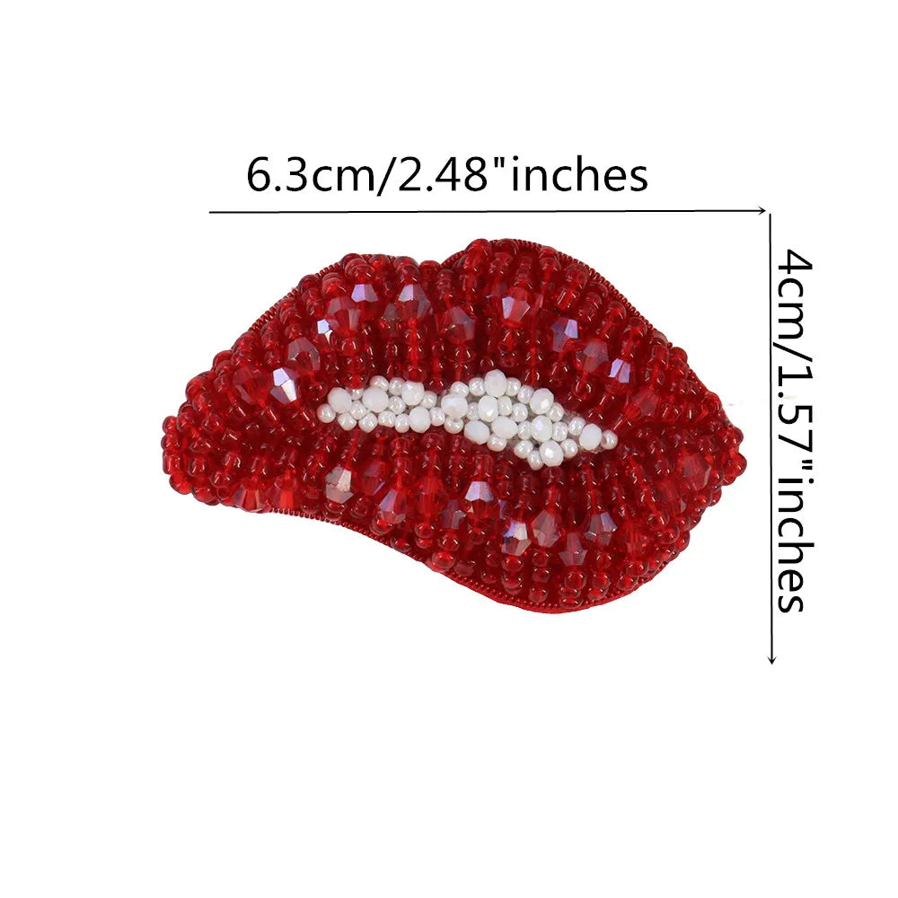 Red and white sparkling beaded rhinestone patches shaped like lips for clothing and DIY crafts