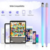 A dual-nib capacitive stylus pen shown next to various tablets and smartphones demonstrating wide compatibility.