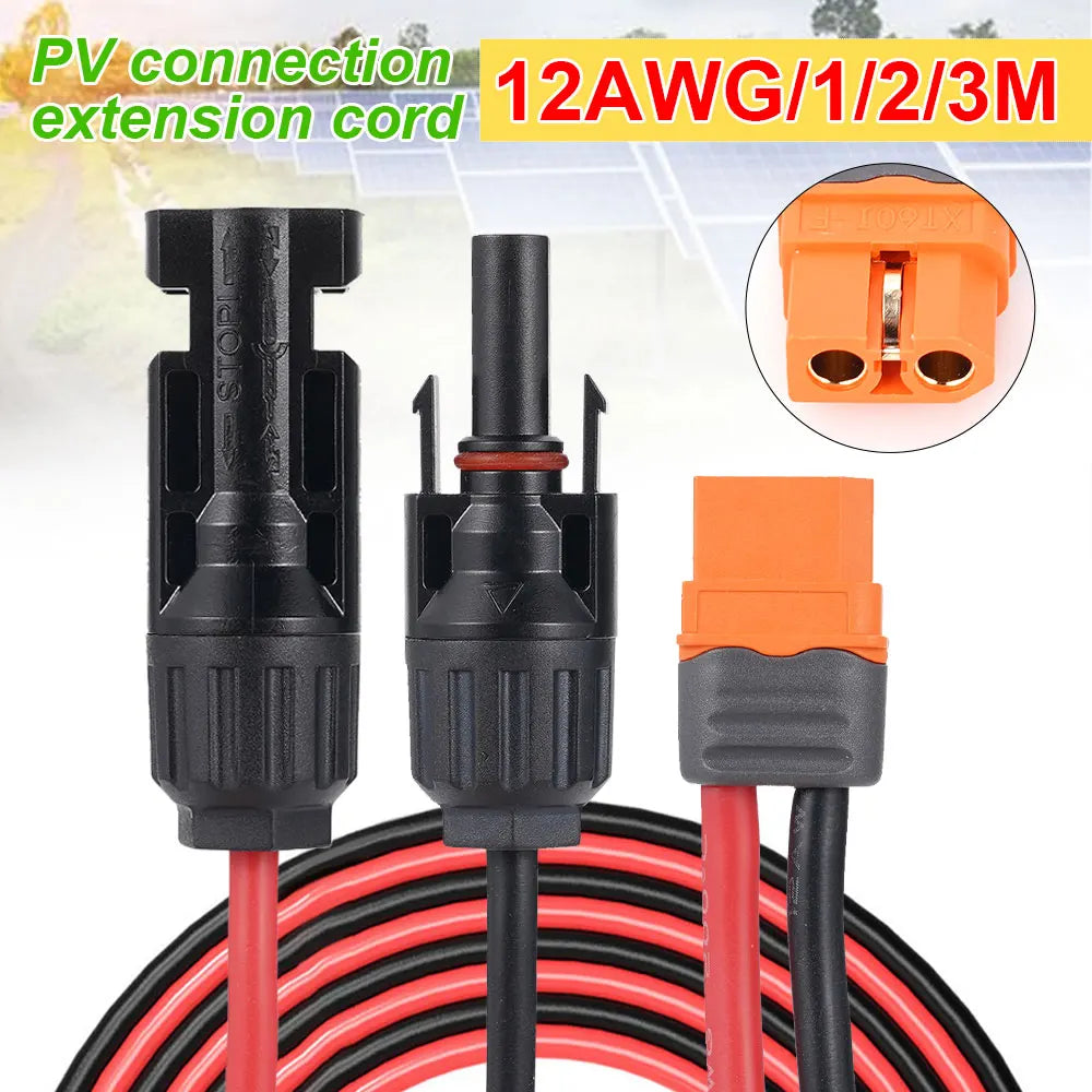 Extension cord for solar panel connection featuring an XT60I-F connector and 12AWG wire.