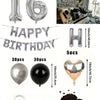 A kit featuring black and silver balloons, foil numbers, heart shapes, and a balloon garland for birthday decorations.