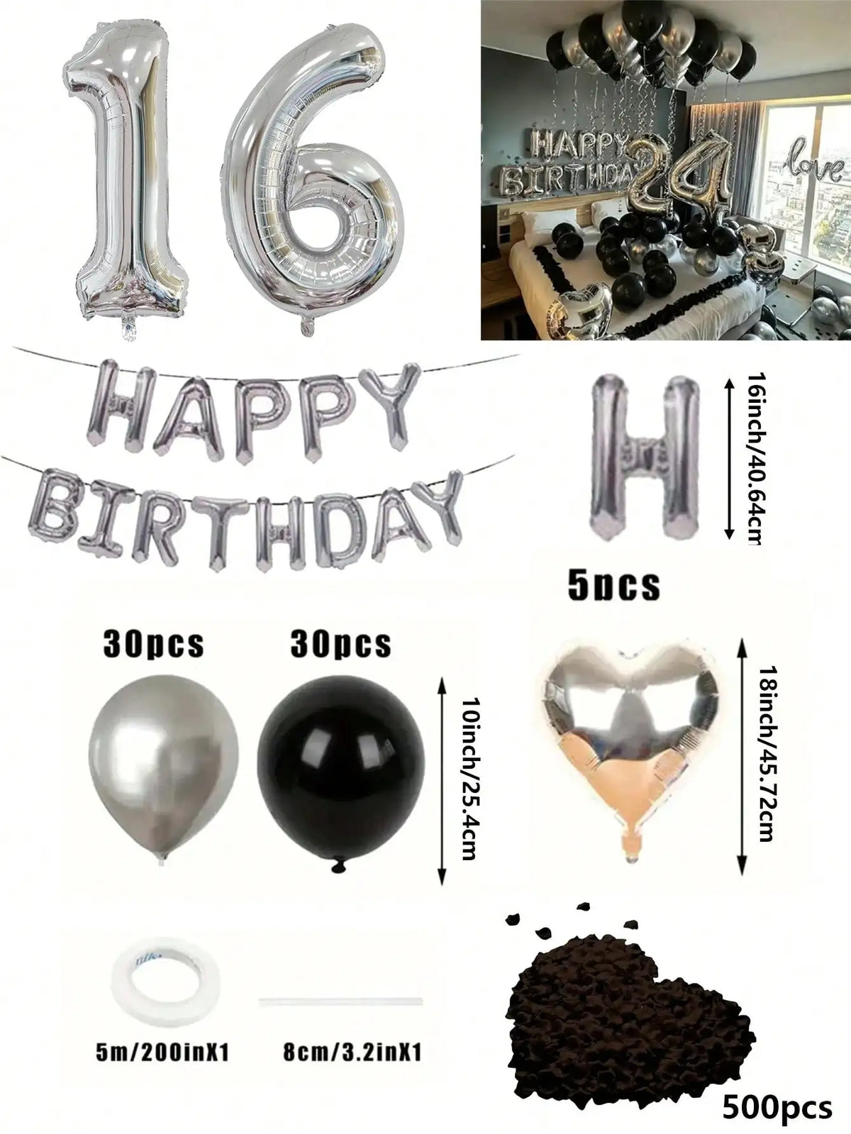 A kit featuring black and silver balloons, foil numbers, heart shapes, and a balloon garland for birthday decorations.