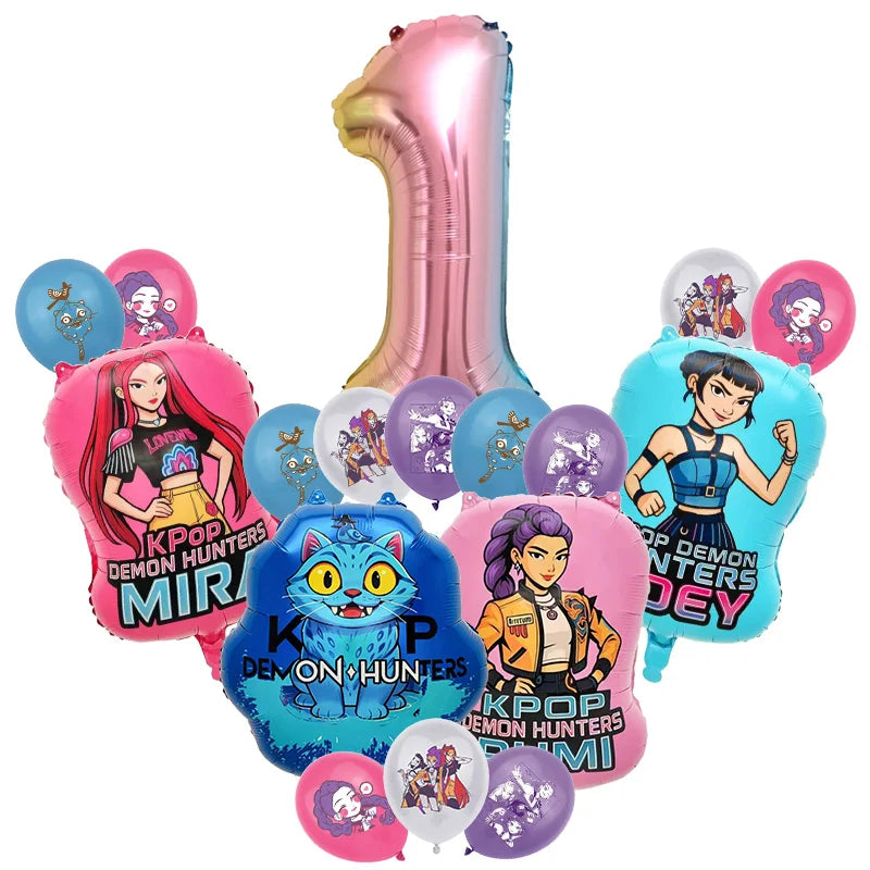 A pink foil balloon shaped like the number one and several themed balloons featuring K-Pop Demon Hunters characters