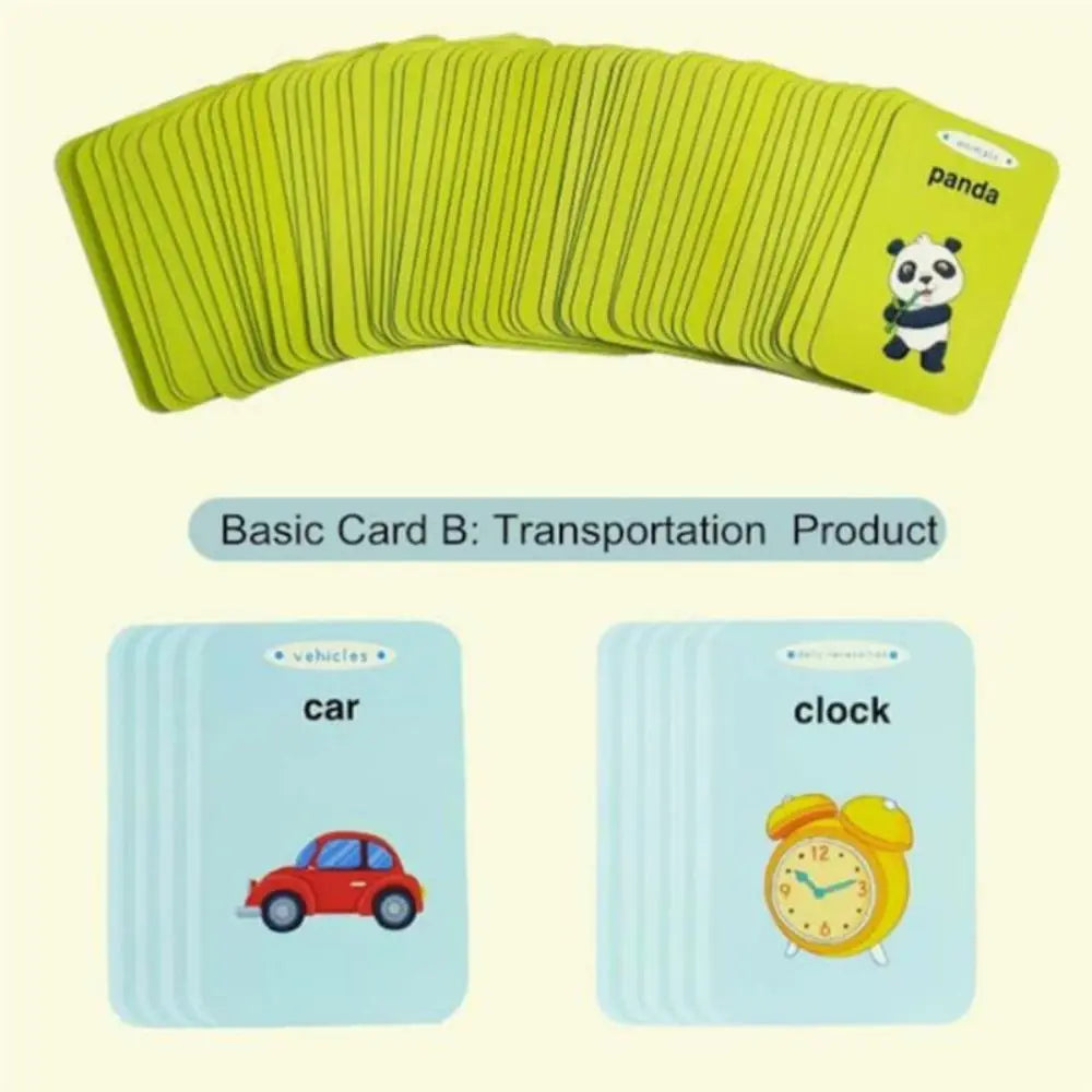 Ein Set von zehn limettengrünen Karteikarten mit Transportprodukten wie einem Auto und einer Uhr.