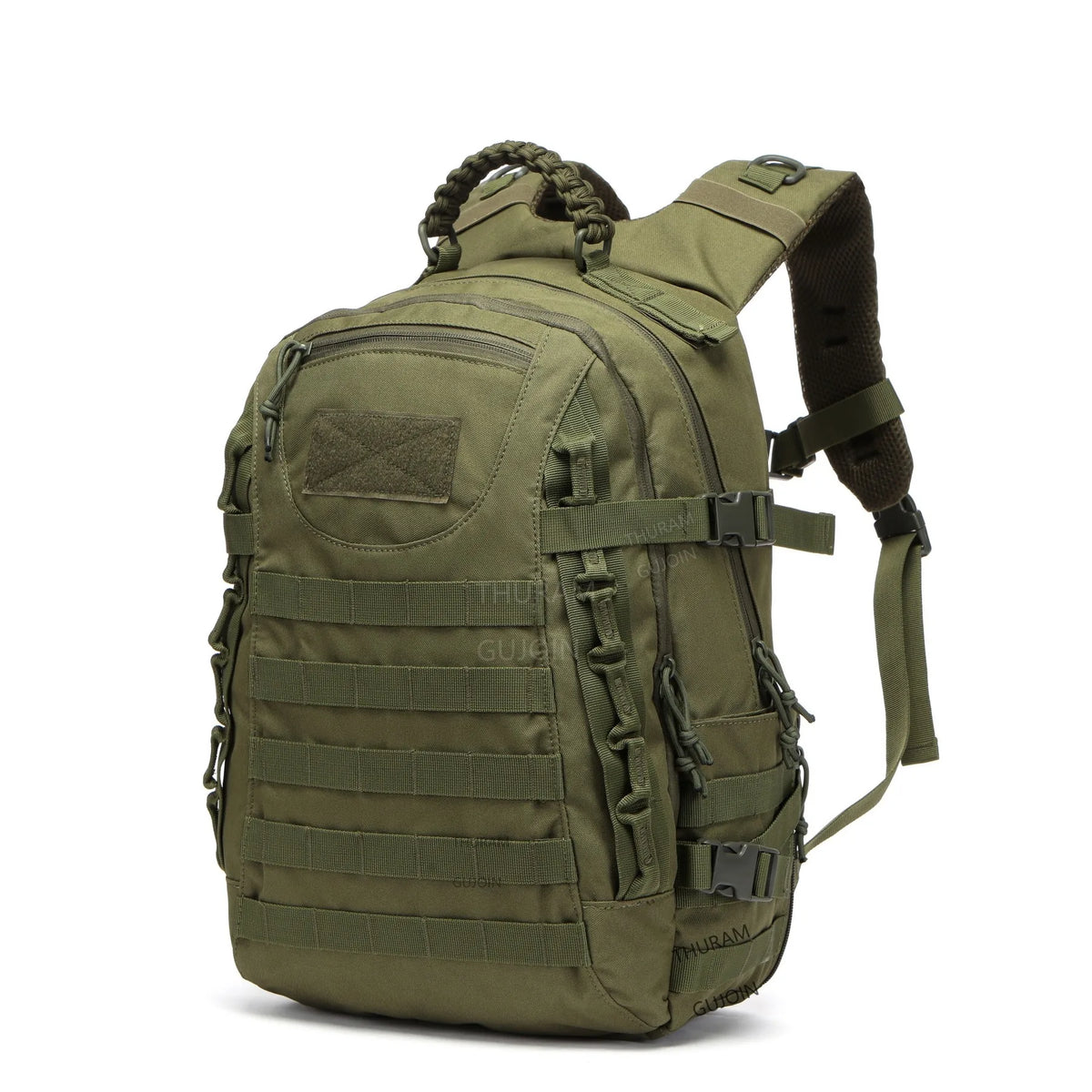 Olive green tactical backpack with MOLLE system for hiking and travel