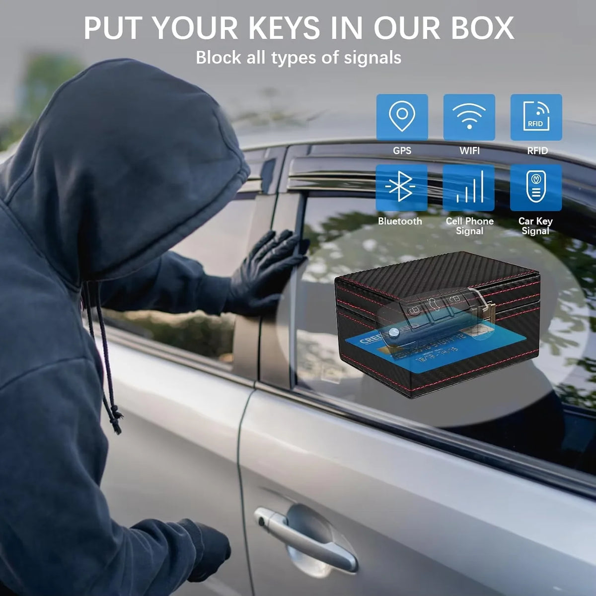 A hand puts a key fob into a black carbon fiber box inside a car, blocking various signals.
