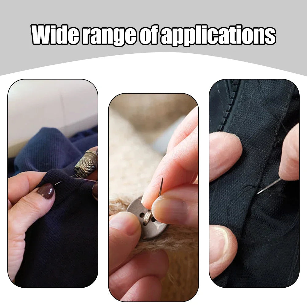 A close-up of a hand using a self-threading sewing needle to thread fabric, demonstrating the application of the set.