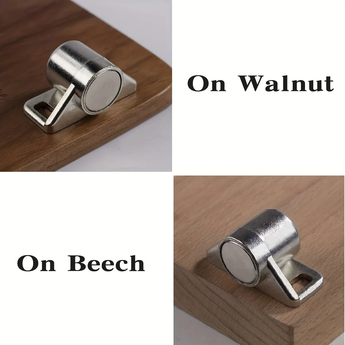 Loquet de meuble magnétique finition argentée monté sur des surfaces en bois de noyer et de bouleau.