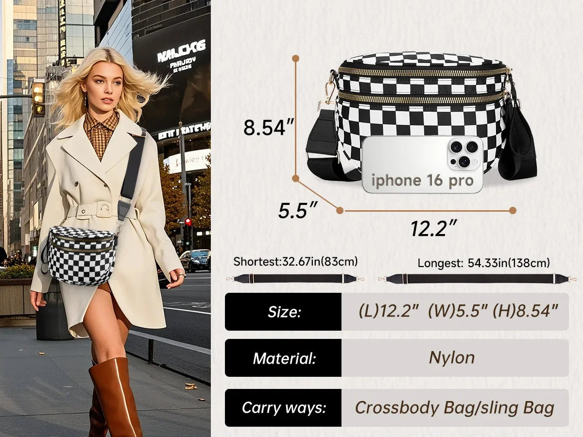 Women's Checkered Fanny Pack with Adjustable Crossbody Strap