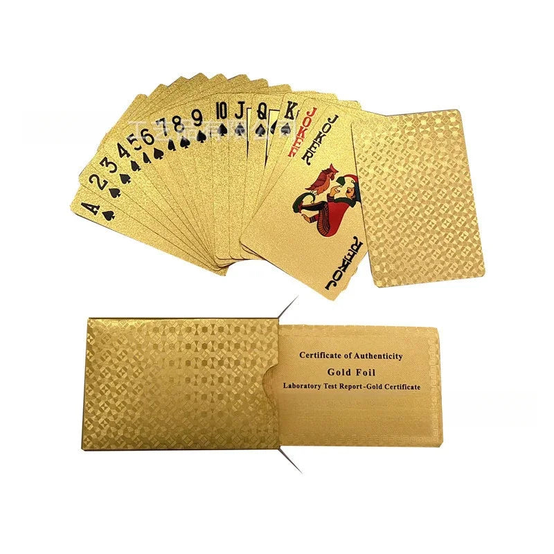 A fan of gold playing cards showing a deck of 10 cards and an authenticity certificate.