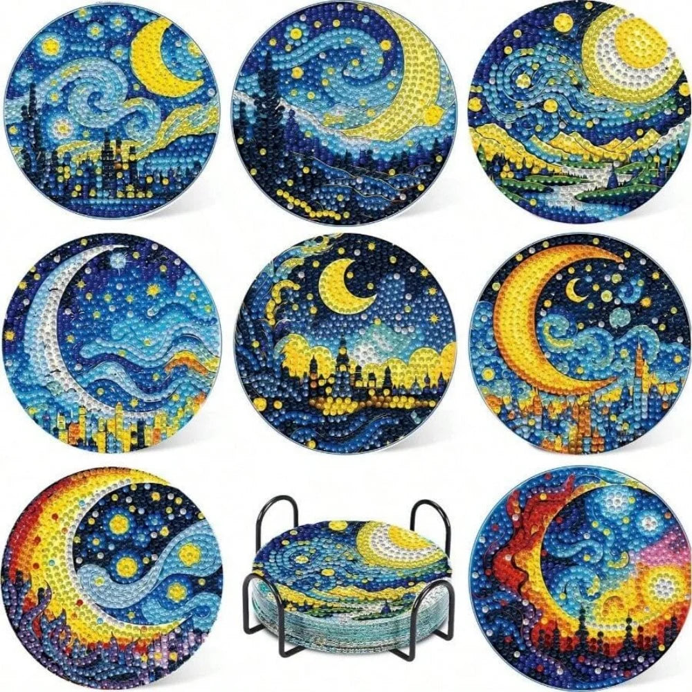 A set of diamond painting coasters featuring celestial scenes and landscapes with metal holders.